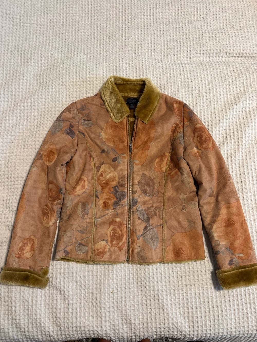 Magaschoni Floral Suede Jacket with Faux Fur Trim - Tan & Olive